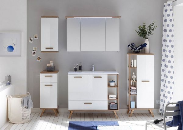 Saphir Badmöbel-Set Quickset Mineralmarmor-Waschtisch mit LED-Spiegelschrank, (2-St), Waschplatz 115 cm breit, 5 Türen, 1 Schublade, inkl. Türdämpfer