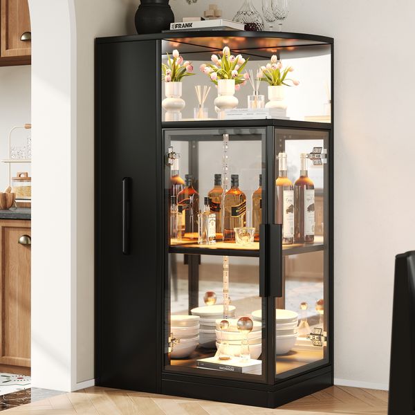Flieks Ausziehbare Glasvitrine mit LED-Beleuchtung, ESG Doppelglas Vitrine mit Seitenschrank, Sammlervitrine & Küchenschrank, 64 x 42 x 112 cm, Schwarz