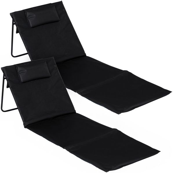 Spetebo Strandmatte 2er Set klappbar mit Verstellbarer Lehne - schwarz - Liegematte faltbar 145x48 cm mit Kopfkissen - Gartenliege Strandliege Sonnenmatte für Garten Camping Picknick Reise Urlaub