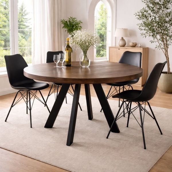 Runder Massivholz Esstisch ARTE 120cm taupe Mangoholz Esszimmer Metallbeine schwarz