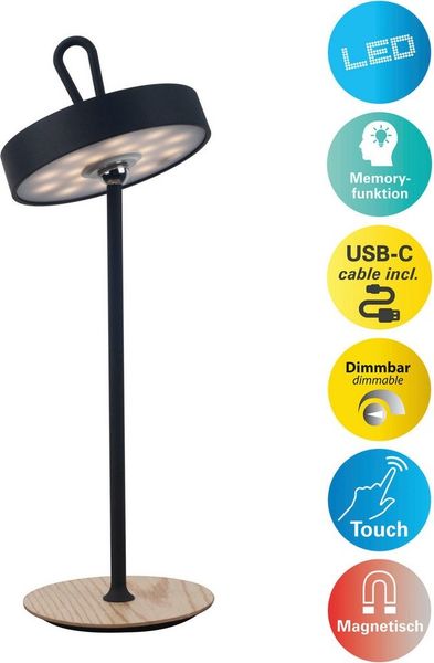 OTTO home LED Tischleuchte Ellvra mit Holzfuß, abnehmbares Kopfteil als Hängeleuchte verwendbar, Dimmfunktion, LED fest integriert, Warmweiß, aufladbar, inkl Akku + USB Kabel, Kopfteil magnetisch, abnehmbar, Holz