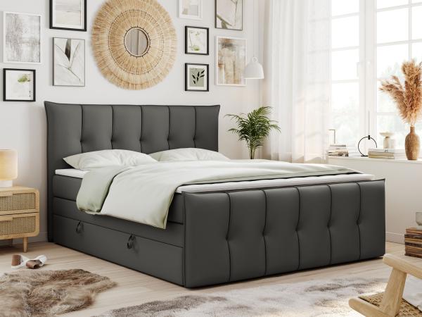 Boxspringbett KING DE LUX - 7-Zonen Matratze - PREMIUM-11-KING - 120x200cm - Dunkelgrau Kunstleder - H4