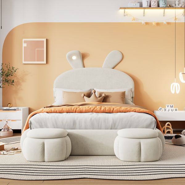 Kinderbett 140×200 cm aus Samt-Stoff mit LED-Licht und Stauraum, beige