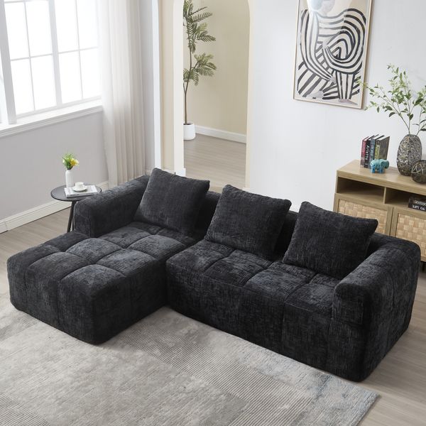 Chaiselongue-Sofa, 158x90x60 cm, Schwarz, Chenille, mit Kissen & Seitentaschen, montagefrei