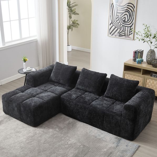 Chaiselongue-Sofa, 158x90x60 cm, Schwarz, Chenille, mit Kissen & Seitentaschen, montagefrei