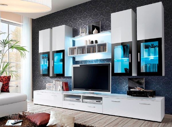 Wohnwand Lyra mit LED Beleuchtung in Weiß 300 x 190 cm