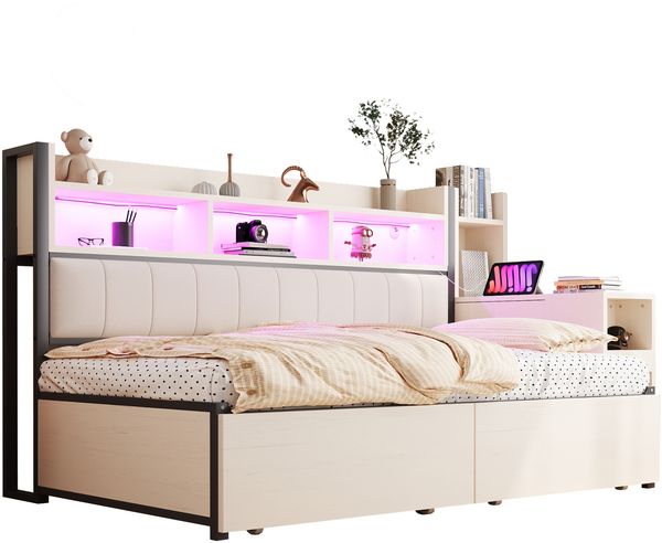 Eisen-Sofabett, vielseitige Staufächer und Schließfächer, multifunktionale Steckdosen, LED-Beleuchtung, große Schubladen, ausziehbarer Schreibtisch, Weiß, 90 × 200 cm Bild 6