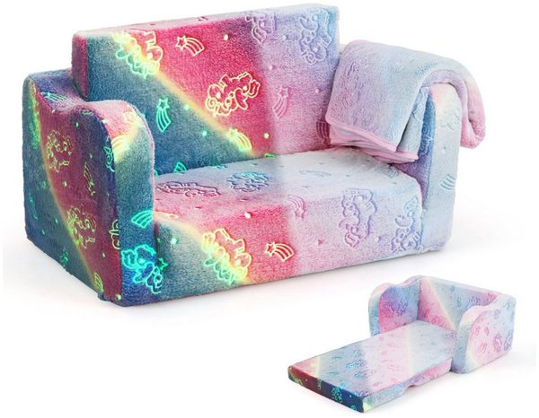 KOMFOTTEU Kindersofa, ausklappbar mit leuchtenden Mustern & abnehmbarem Flanellbezug