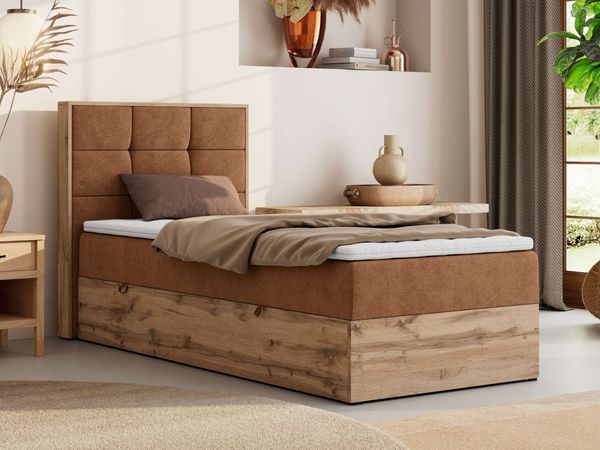 Boxspringbett ALBERO 1 90x200 mit Stauraum, 7-Zonen Multipocket Matratze H4, Bettkasten mit Federautomat, Öffnungsseite wählbar, Hotelbett - Orange Strukture - Topper Visco - Links
