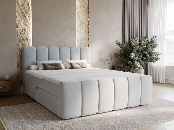 GRAINGOLD Cloud Boxspringbett 180x200, Bett mit Bettkasten, Velour-Stoff, mit Kopfteil, Grau