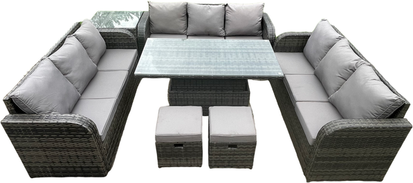 Fimous Patio Garten Dining Set Rattan Möbel Lounge Sofa Höhenverstellbarer steigender Hubtisch mit Beistelltisch 2 Kleine Fußhocker Dunkelgrau gemischt