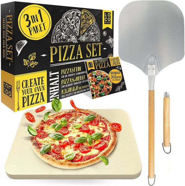 Loco Bird Pizzastein für Backofen & Gasgrill, rechteckig aus Cordierit, Cordierit, (Set, 3-St, inkl. Pizzaschieber und Rezeptbuch), für eine Pizza wie in Italien: authentischer Geschmack für Zuhause