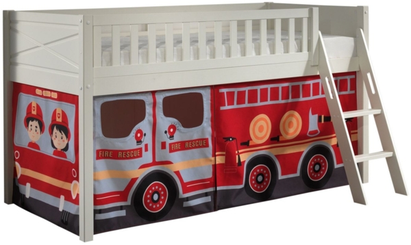 Kinderbett Karyl 208x114x135 Massivholz Weiß Textilset Feuerwehr