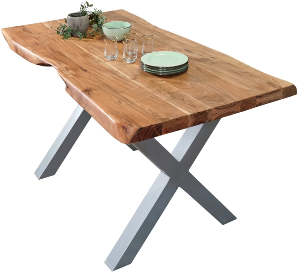 Esstisch Baumkante massiv Akazie Natur 140 x 80 X-Gestell silber CALI 113361895