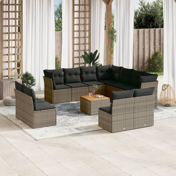 vidaXL 12-tlg. Garten-Sofagarnitur mit Kissen Grau Poly Rattan 3256039