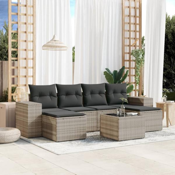 vidaXL 7-tlg. Garten-Sofagarnitur mit Kissen Hellgrau Poly Rattan 3222931