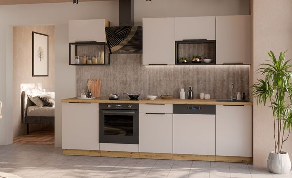 Küche SOLANO BASIC LOFT 280 cm Küchenzeile Küchenblock Einbauküche Kaschmir beige matt + Eiche Artisan matt
