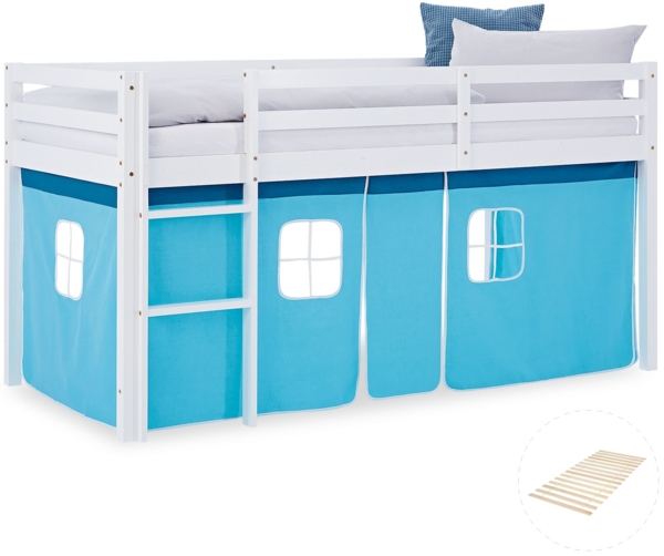 Hochbett Kinder 90x200 cm mit Lattenrost Kinderbett Kinderhochbett Stockbett Vorhang Blau Holz Massiv