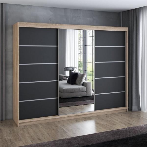 A&J MöbelLand 'Vilano' Schwebetürenschrank mit 4 Schubladen und Spiegel, Spanplatte, 215 x 59,5 x 200 cm, Schwarz / Schwarz / Natur / Natur