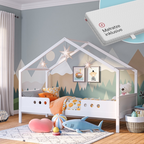 Bellabino 'Bela' Hausbett 90x200 cm mit Matratze, weiß, Kiefer Massivholz, Montessori Kinderbett mit Rausfallschutz und Lattenrost