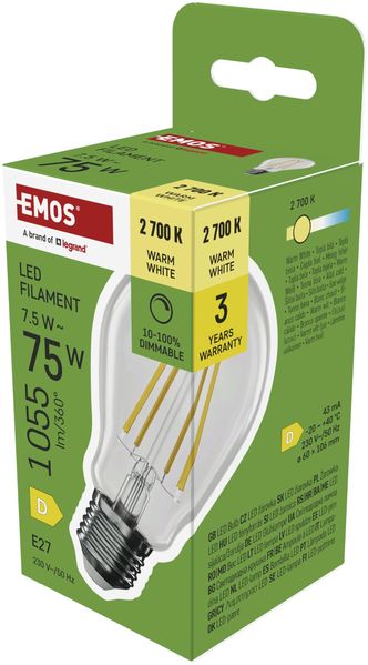 EMOS - Dimmbare Edison LED Lampe 7,5 W - Filament Glühbirne A60 Ersatz für 75W - Vintage-Stil mit E27 Sockel - Helligkeit 1055 lm, Warmweiß 2700 K, 25000 h Lebensdauer - CRI 80, 320° Abstrahlwinkel