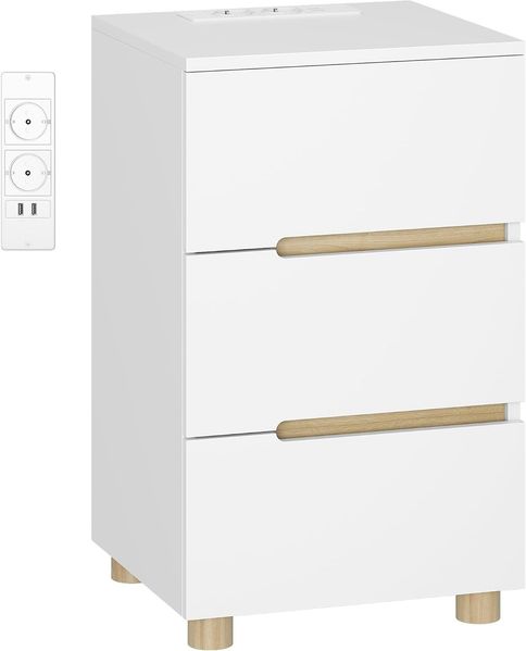 Nachttisch, Beistelltisch mit Ladestation, 2 AC-Steckdosen, 2 USB-A-Anschlüsse, mit 3 Schubladen, Moderner Stil, für Schlafzimmer und Wohnzimmer, 35 x 40 x 65 cm, Weiß
