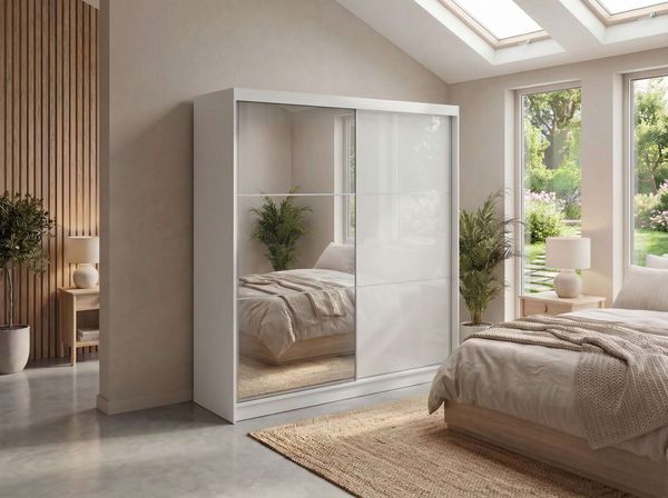 Schwebetürenschrank WALENCJA mit Spiegel & Lacobel-Glas, moderner Kleiderschrank, Breite 200 cm, High-Gloss Design - Weiß