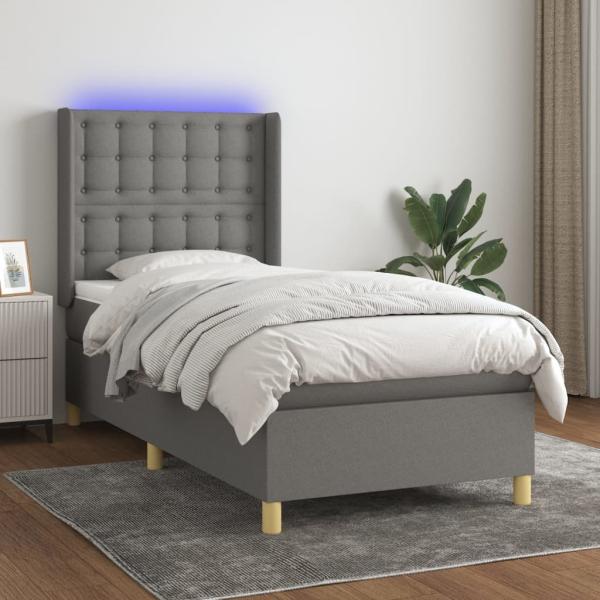 vidaXL Boxspringbett mit Matratze & LED Stoff Dunkelgrau 90 x 190 cm, Härtegrad: H2 [3139158]