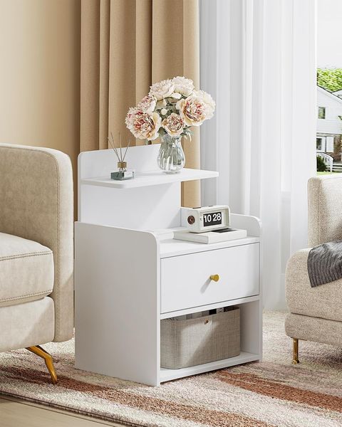Nachttisch 2er Set, Beistelltisch mit 1 Schublade und 2 Offenen Fächern, Nachtschrank, Sofatisch, Platzsparend, für Schlafzimmer, Wohnzimmer, Modern, Weiß