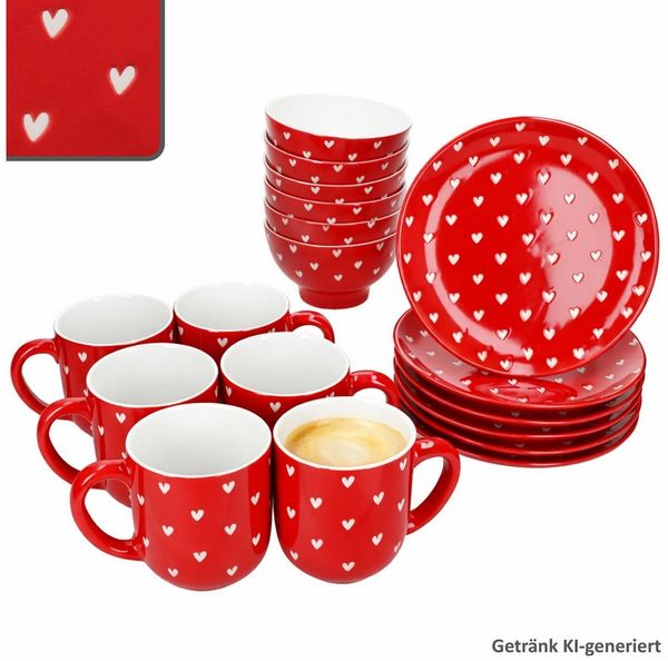 MamboCat Frühstücks-Geschirrset MamboCat Love 18tlg Frühstücksset rot weiß Teller Becher Schalen Herz, Porzellan