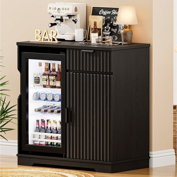 BROTTAR Weinschrank Barschrank mit Kühlschrank - Kaffeebar mit Stauraum Schublade Weinschrank im modernen Riffeldesign, schwarz
