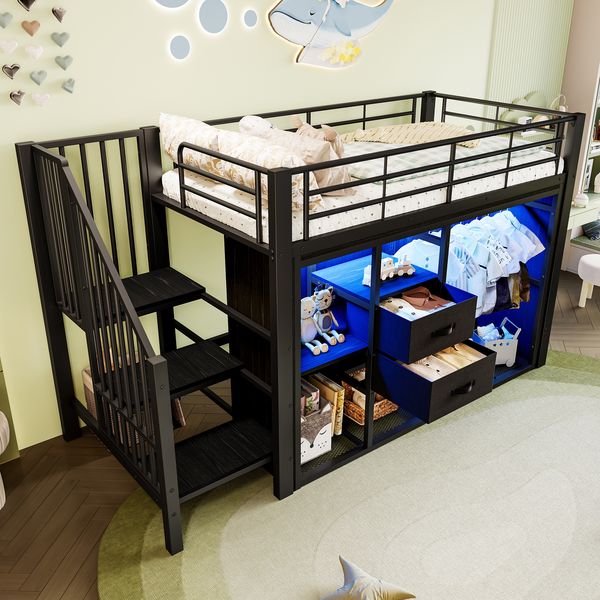Hochbett 90x200 cm, Metall & MDF, Schwarz, mit 2 Schubladen, offenem Kleiderschrank und mehrfarbiger LED