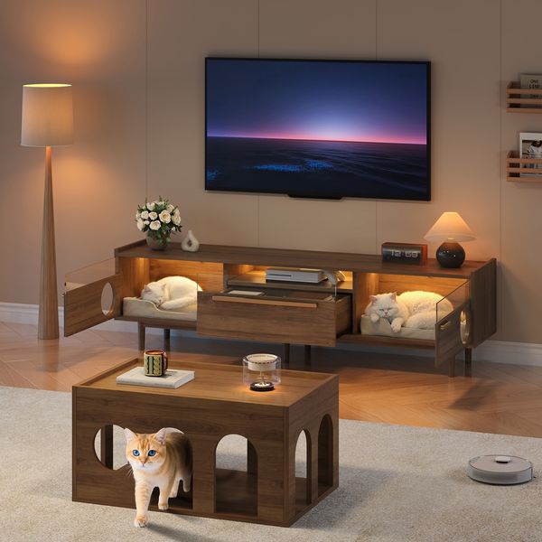 TV-Schrank 180 x 40 x 50 cm in Nussbaum, mit LED-Beleuchtung, Glastüren, Katzenrückzugsort & Schublade