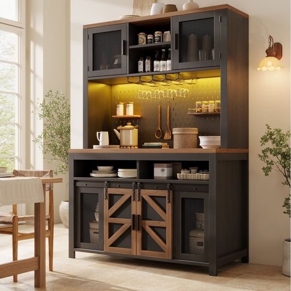 i@home Hochschrank Küchenschränke mit Smart-Light & Steckdosen USB-Anschluss,großzügiger Arbeitsfläche,LED-Beleuchtung,Schwarze /Weiß