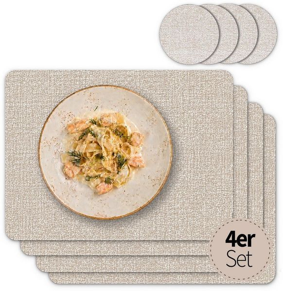 matches21 HOME & HOBBY Platzset Tischsets mit Glasuntersetzer 4er Set Beige Leinen Stoff-Optik, (4-St), Abwaschbare hitzebeständige PVC Platzsets
