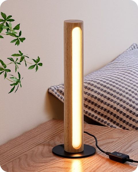EDISHINE LED Nachttischlampe Säulenlampe aus Holz, LED fest integriert, 3000K-4500K-6000K, Touch Dimmbar, Höhe 27cm