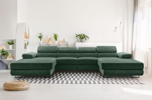 AX LIVING Sofa U Form mit Schlaffunktion Arborio U 352cm in Dunkelgrün