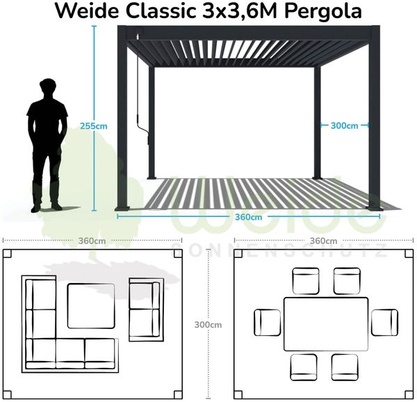 Weide Classic | Pergola Aluminium freistehend | 3 x 3,6 M | Lamellendach anthrazit Bild 6