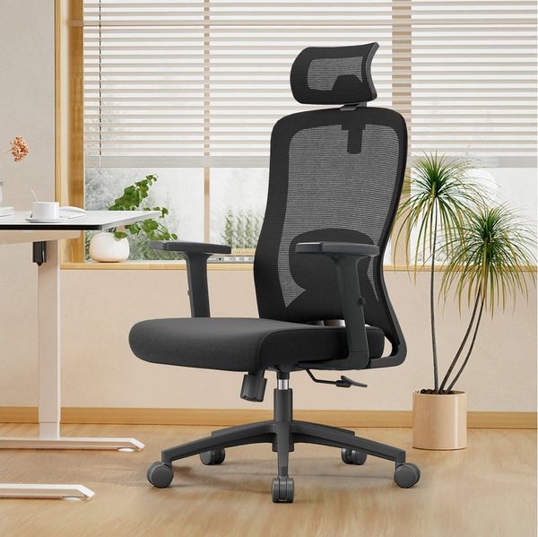 CALIYO Bürostuhl Ergonomisch Schreibtischstuhl mit Lendenstütze und Wippfunktion, Atmungsaktiver Drehstuhl aus Mesh, bis 150 kg belastbar Schwarz