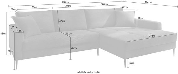 Trends by HG Ecksofa Summer L-Form, in Cord-Stoff mit Metallfuß Bild 2