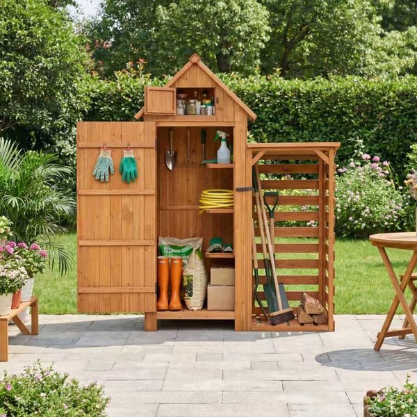 HOMAVO Gerätehaus mit Kaminholzregal Gartenschrank Werkzeugschrank Geräteschuppen, Outdoor-Schrank, Satteldach, mit 3 Einlegeböden, 131 × 54.3 × 179 cm