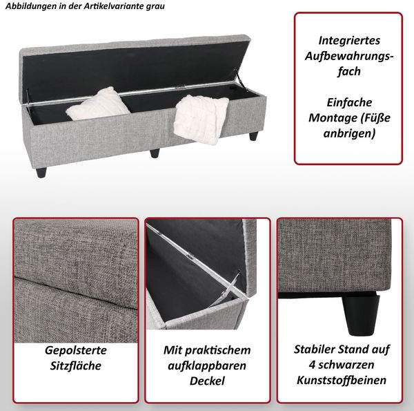 Aufbewahrungs-Truhe Kriens XXL, Sitzbank Bank, Stoff/Textil, 45x180x45cm ~ dunkelgrau Bild 2