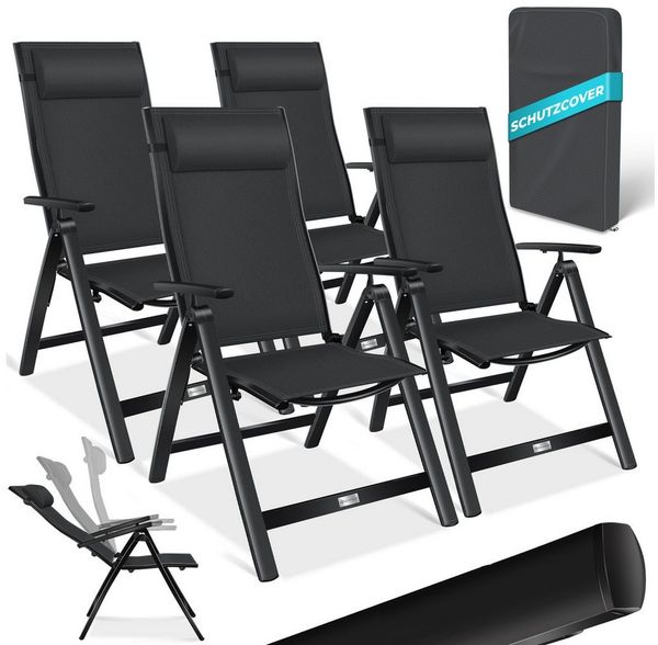 KESSER® Gartenstuhl Hochlehner mit Armlehnen | Aluminium Klappstuhl inkl. Kopfkissen Campingstuhl 7-Fach Verstellbar Rückenlehne | Atmungsaktiv & Wetterfest | Klappbar & Anti-Rutsch Schwarz, 4 Stück