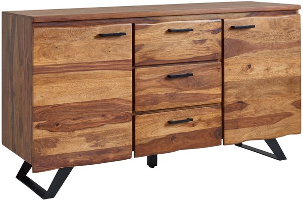 Sideboard 145 x 82 x 45 cm Sheesham Massivholz / Metall mit Baumkante, Kommode mit Schubladen, Anrichte Schubladenschrank Modern