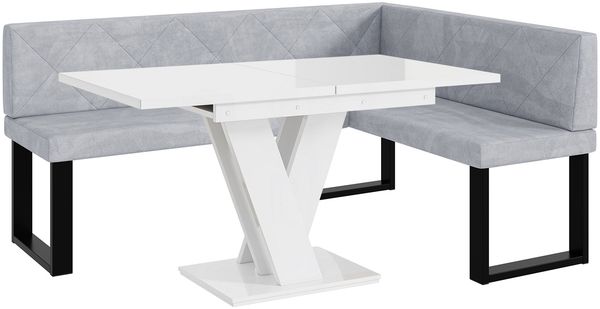MEBLINI Eckbank für Esszimmer mit ausziehbarem Tisch - Küchenbank - Essecke - Sitzecke Küche - ERIC - U-Beine 128x168x87cm Rechts - Hellgrau Samt/M Weiß Hochgl.