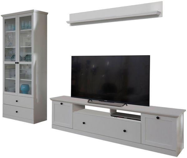 trendteam Wohnzimmer-Set Baxter, (Wohnwand in weiß Landhaus, 3-teilig, 270 x 196 cm), mit großem TV Lowboard
