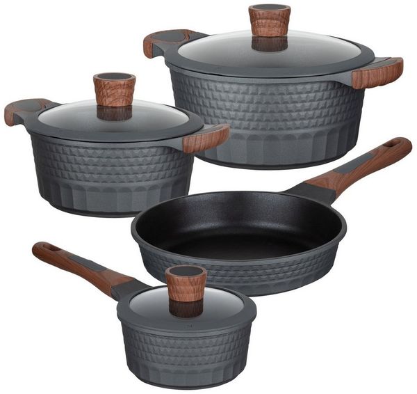 RESTO Kitchenware Topf-Set CAPELLA - Einzigartiges Design mit 3D-Effekt, antihaftbeschichtet, Aluminiumguss (Set, 7-tlg, 1x Soßentopf Ø 16 cm, 2x Kochtopf Ø 20/24 cm, 1x Bratpfanne Ø 24 cm), für alle Herdarten geeignet, auch Induktion