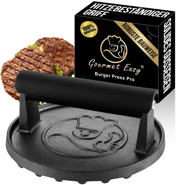 Gourmet Easy Burgerpresse Gusseisen antihaft | Großer Burger Smasher (Ø15cm) mit hitzeabweisendem Griff | Fleischbeschwerer für schmackhafte Hamburger & Smash Burger | Smash burgerpresse | Smasher