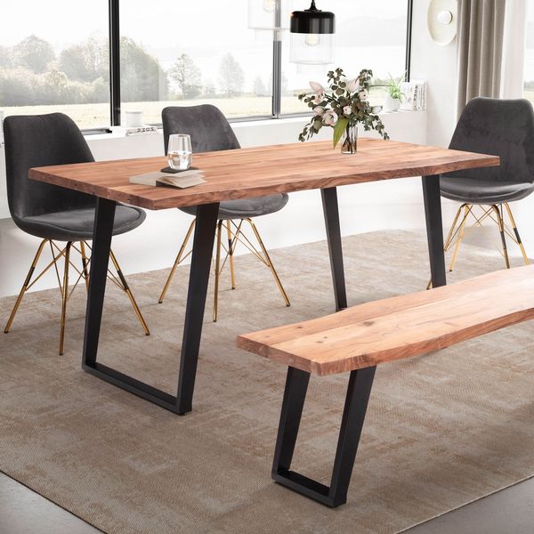Massivholz Esstisch mit Baumkante | Konferenztisch XXL Industrial | Esszimmertisch für große Räume | U-Form Metallgestell | 200x100 cm Goldbraun | Atoll von Kadima Design