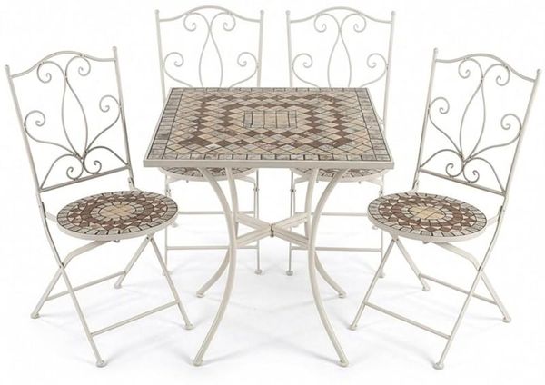 DRW Set mit Tisch und 4 Stühlen aus Metall und Stein in Creme, Braun und Stein, 72 x 70 x 70 cm